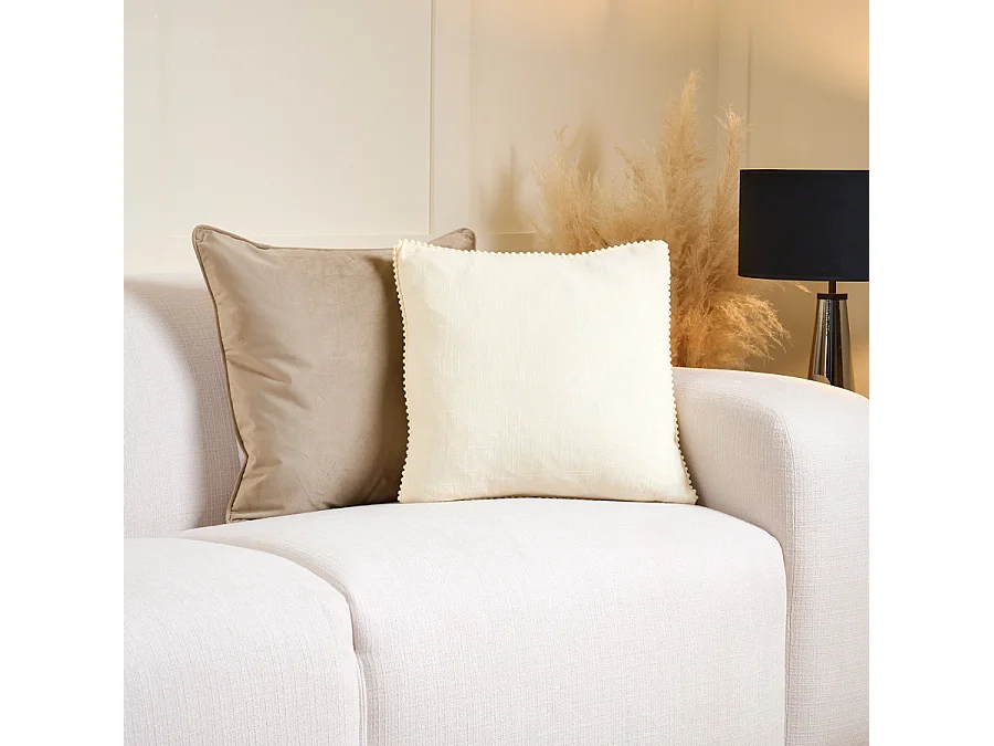 Olivia Trimmed Square Cushion - 45cm, Ivory, Mini Pom-Pom Trim, Polyester Linen-Effect