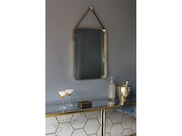 Beron Rectangular Wall Mirror - Brass and Dark Brown Aniline Leather