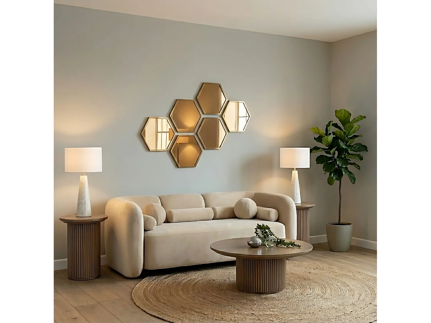 Alveare Brass Hexagonal Wall Mirror, Steel Frame with Brass Finish