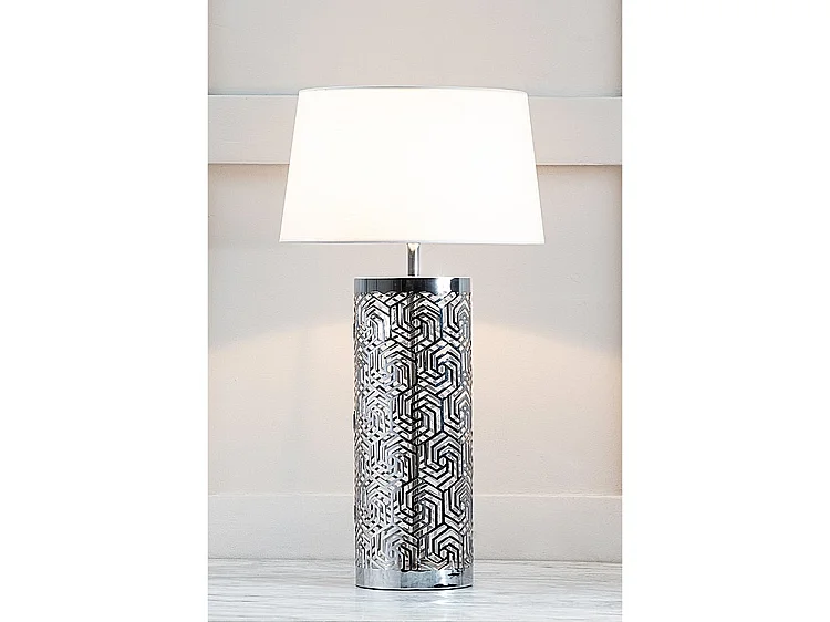 Marini Table Light - Polished Chrome Base, Laser-Cut Geometric Design, White Cotton Shade