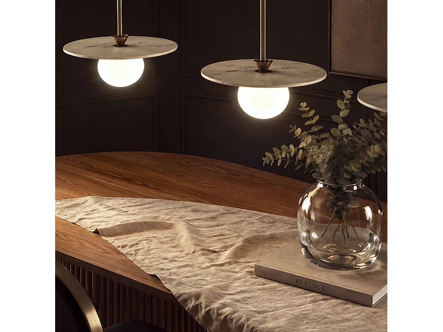Elgar Pendant Light - Frosted Glass Globe, Marble-Effect Disc, Matt Bronze Finish