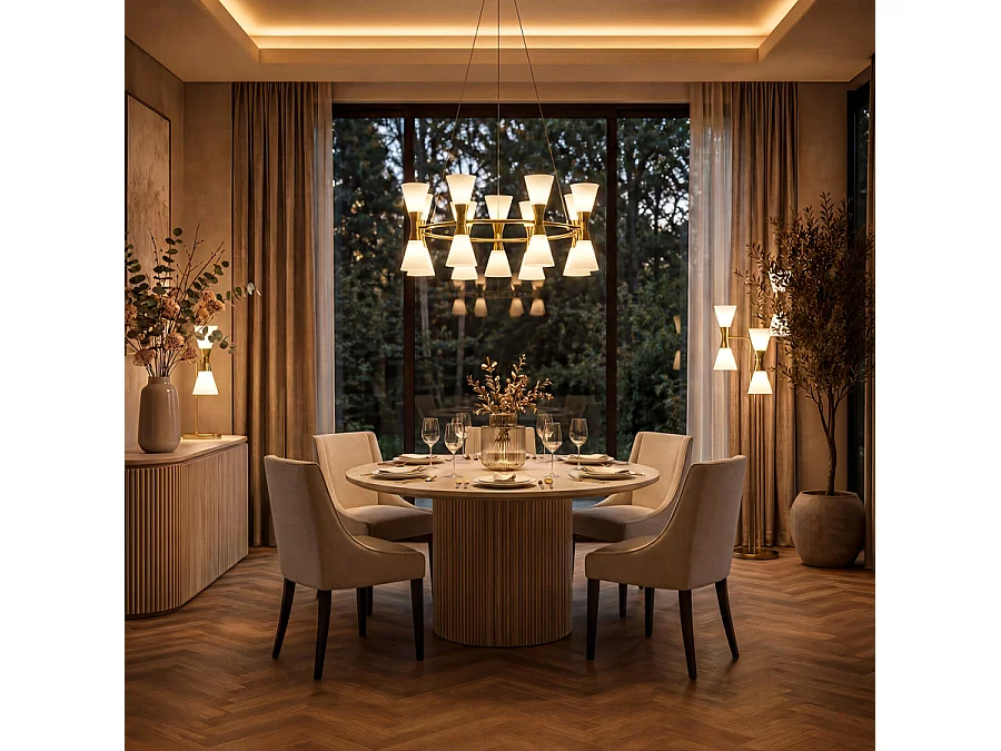 Camille Chandelier Brass, Frosted Glass Diffusers, 18x E14 LED Bulbs