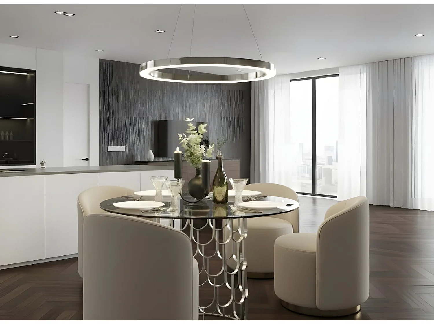 Bromley Chrome LED Pendant Light - Polished Chrome Hoop, Integrated LED, Frosted Diffuser