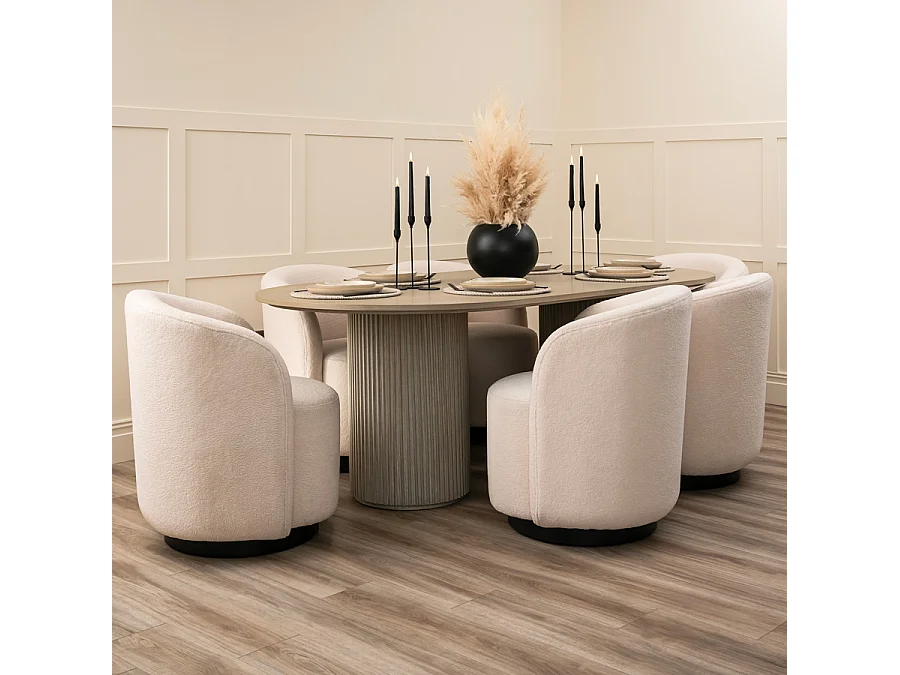 Ophelia Washed Grey Oak Dining Table - Japandi Rectangular 6-Seater, Reeded Pedestal Legs