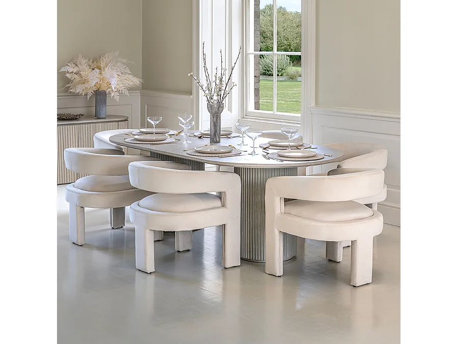 Ophelia Washed Grey Oak Dining Table - Japandi Rectangular 6-Seater, Reeded Pedestal Legs