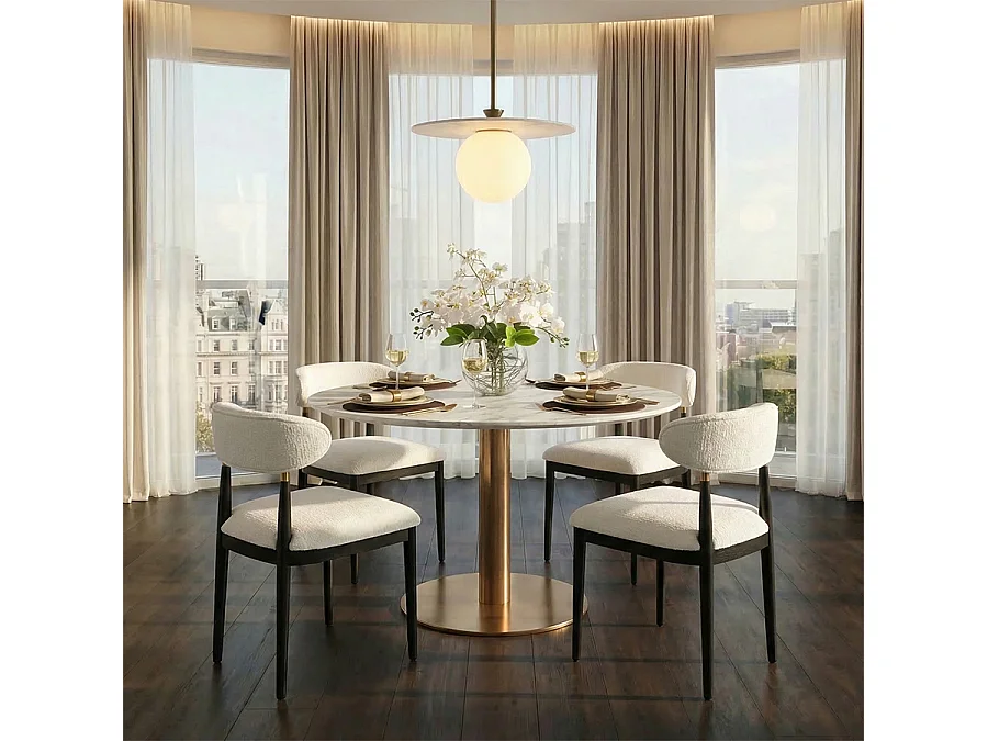 Parker Brass Dining Table - Round, Solid Marble Top, Polished Brass Spun Aluminium Base, Seats 4-5