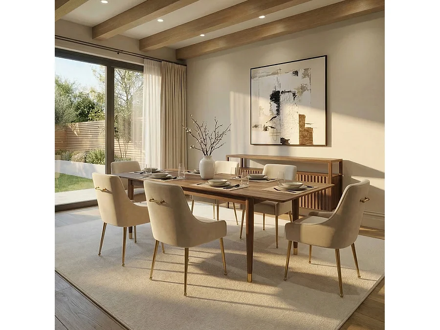 Como Walnut Extending Dining Table, Solid Walnut Base, Brushed Brass Details