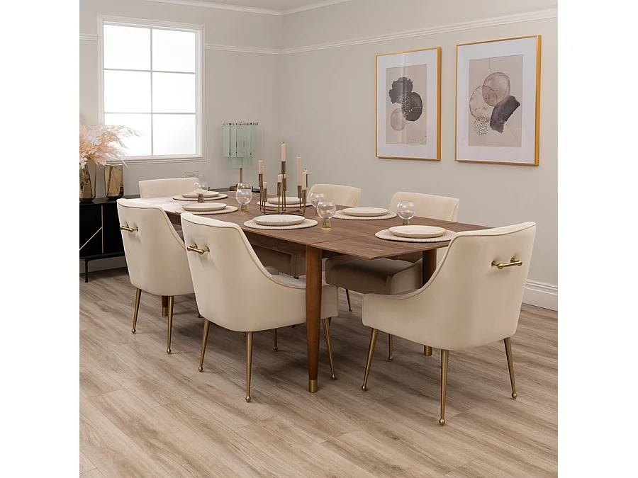 Como Walnut Extending Dining Table, Solid Walnut Base, Brushed Brass Details