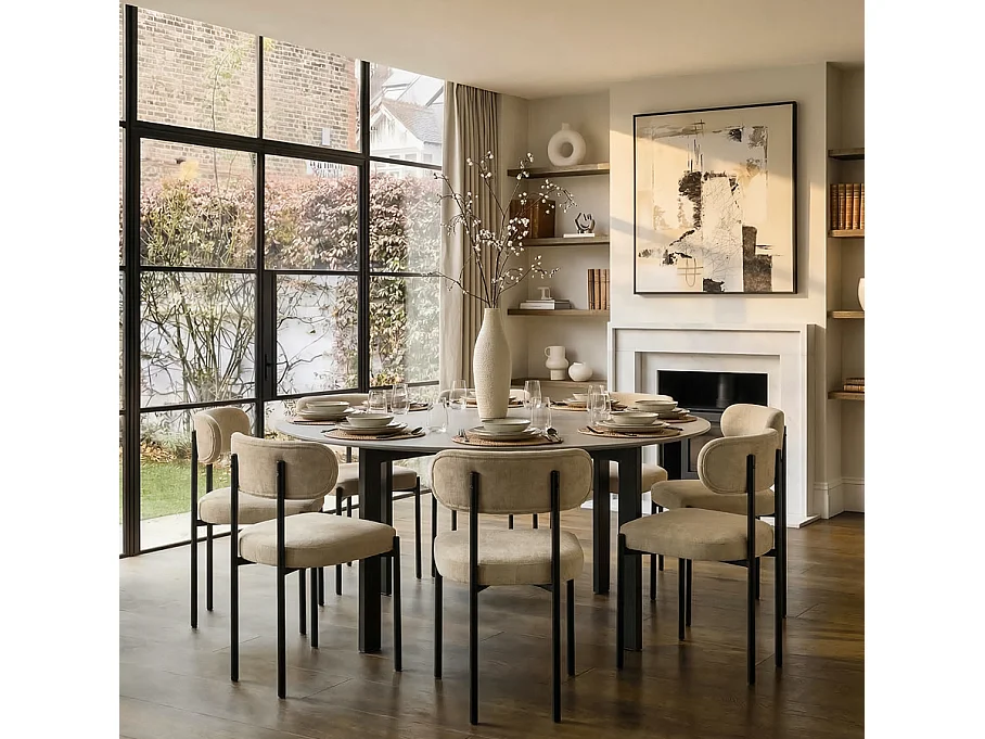 Niven Round 6-8 Seat Dining Table - Concrete Effect Melamine Top, Black Powder-Coated Legs