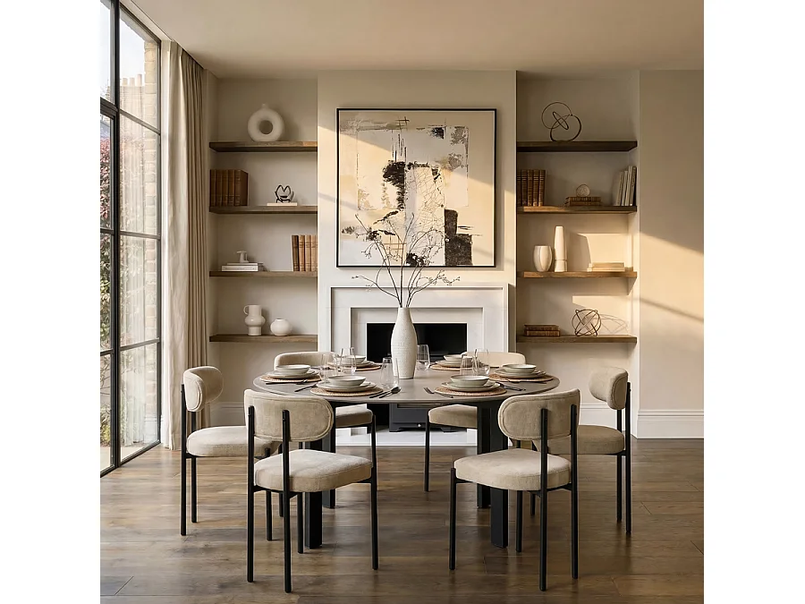 Niven Round 6-8 Seat Dining Table - Concrete Effect Melamine Top, Black Powder-Coated Legs