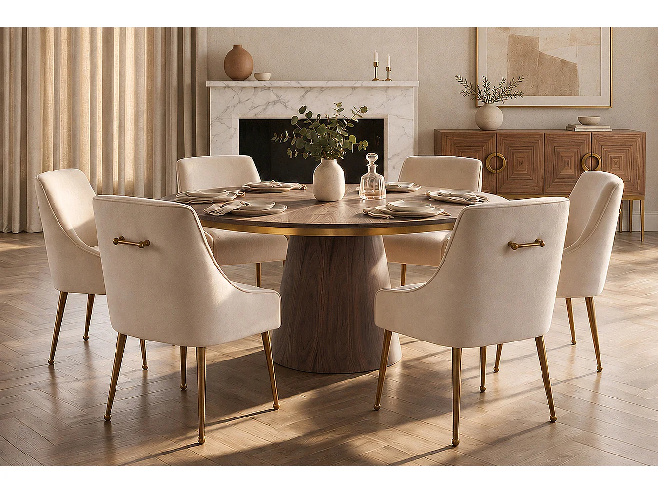 Brewster 6-8 Seat Round Walnut Dining Table - Satin Lacquer, Brushed Brass Detail