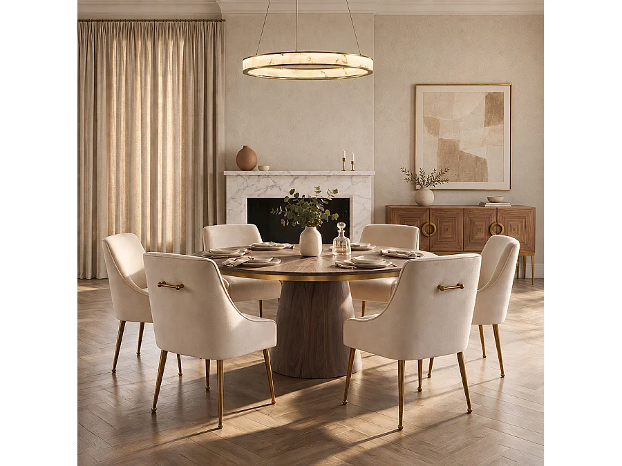 Brewster 6-8 Seat Round Walnut Dining Table - Satin Lacquer, Brushed Brass Detail