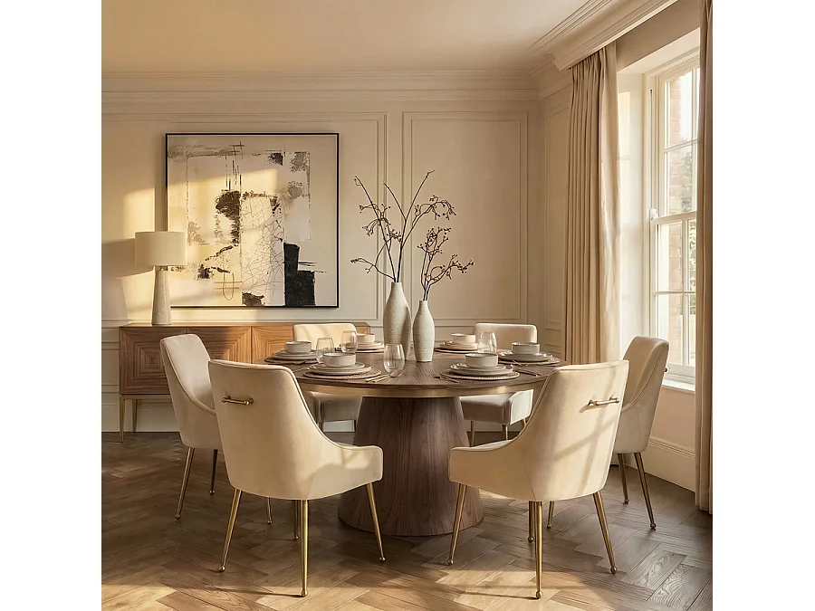 Brewster 6-8 Seat Round Walnut Dining Table - Satin Lacquer, Brushed Brass Detail