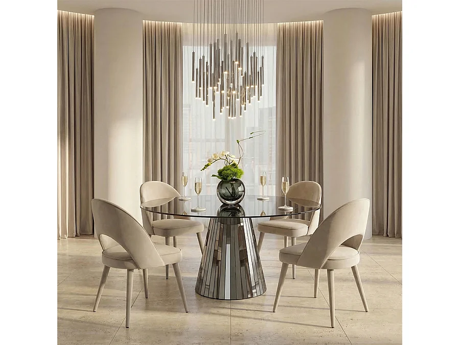 Emmeline Smoked Mirror Round Dining Table - Toughened Smoked Glass Top, Seats 6
