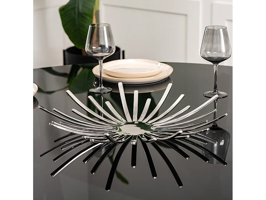 Zia Bowl Silver - Geometric Precision-Cut Steel Display Bowl, Polished Silver Finish