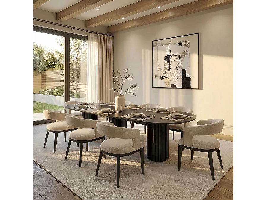 Ophelia Black XL Round Dining Table - Oak Veneer Japandi Extra-Large 10-12 Seater