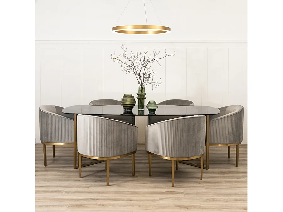 Chevron Brass Dining Table - Dark Grey Toughened Glass Top, Brass Stainless Steel Legs