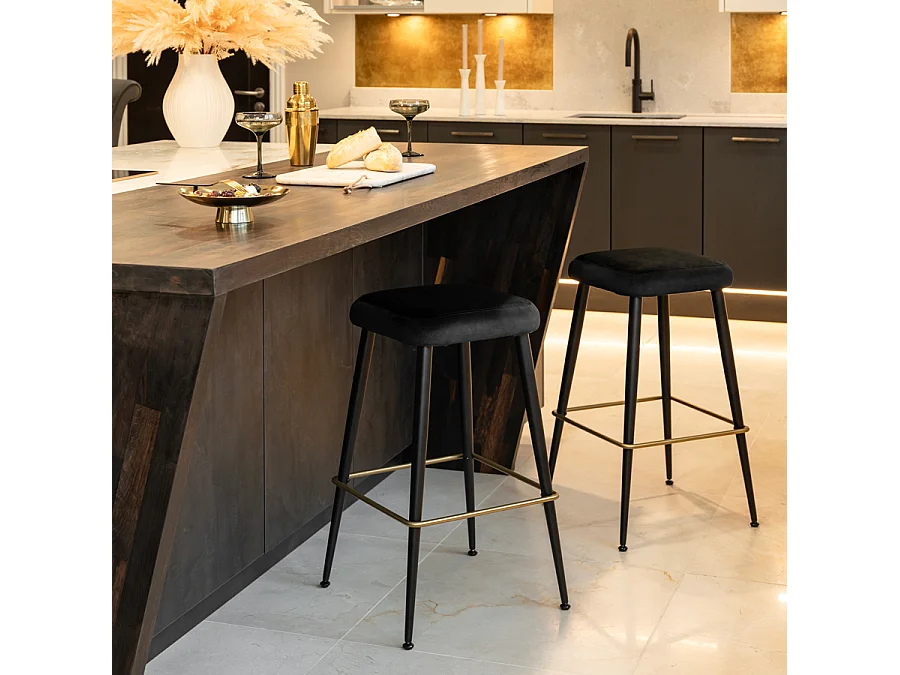 Oslo Counter Stool, Black Velvet Upholstery with Matt Black Steel Legs