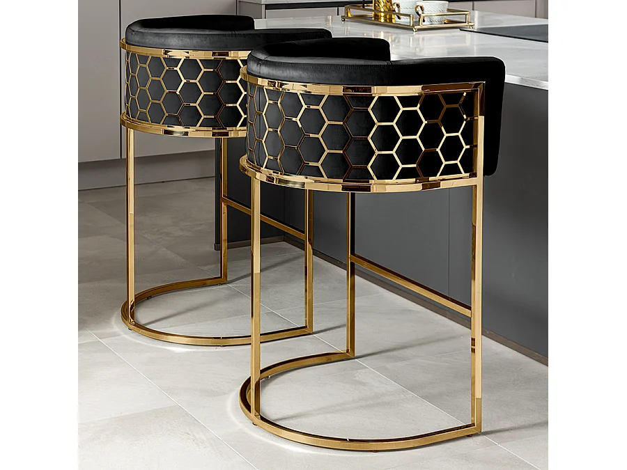 Alveare Counter Stool - Electroplated Brass Frame, Black Faux Leather