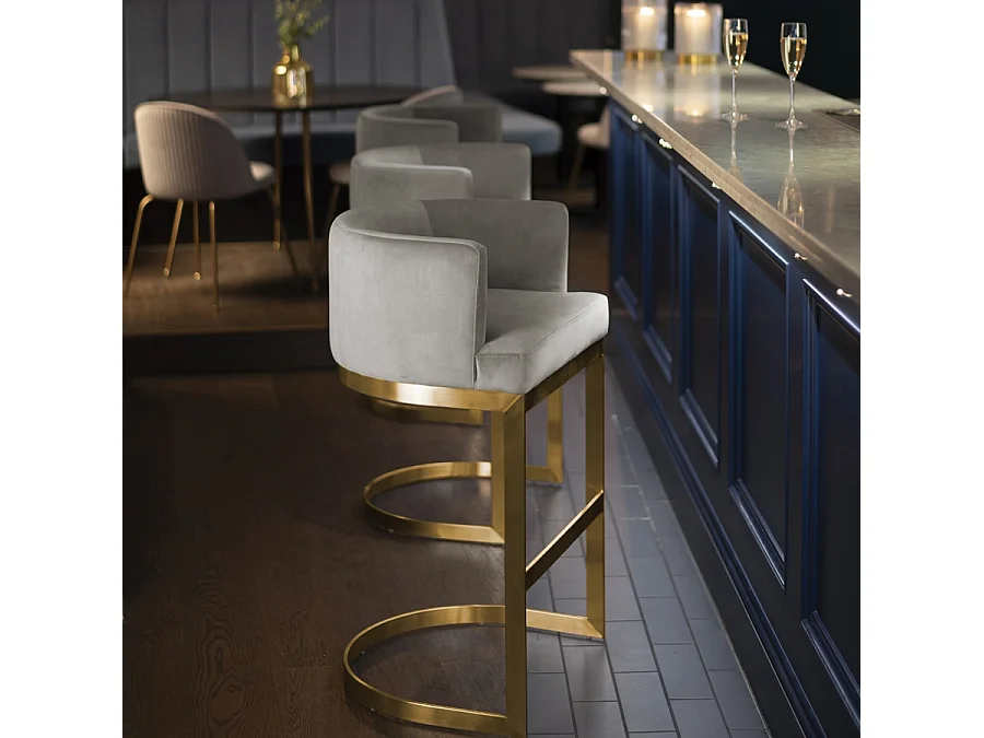 Lasco Bar Stool, Dove Grey Velvet with Brushed Brass Base