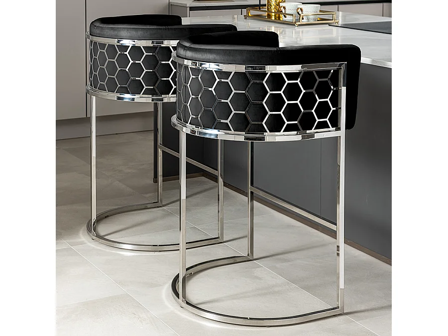 Alveare Counter Stool Silver - Black Faux Leather, Chrome Steel Frame, Mid-Century Modern