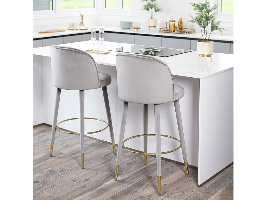Bellucci Counter Stool, Dove Grey Velvet - Brass Caps