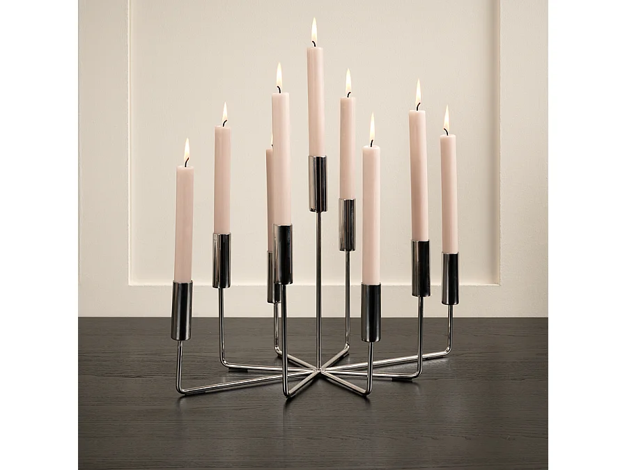 Fiori Candelabra Silver - 9-Arm Polished Steel Candle Holder, 32 x 42 x 26 cm