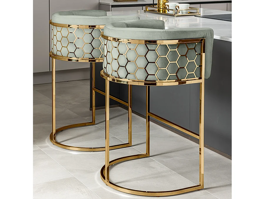 Alveare Counter Stool - Electroplated Brass Frame, Jade Velvet