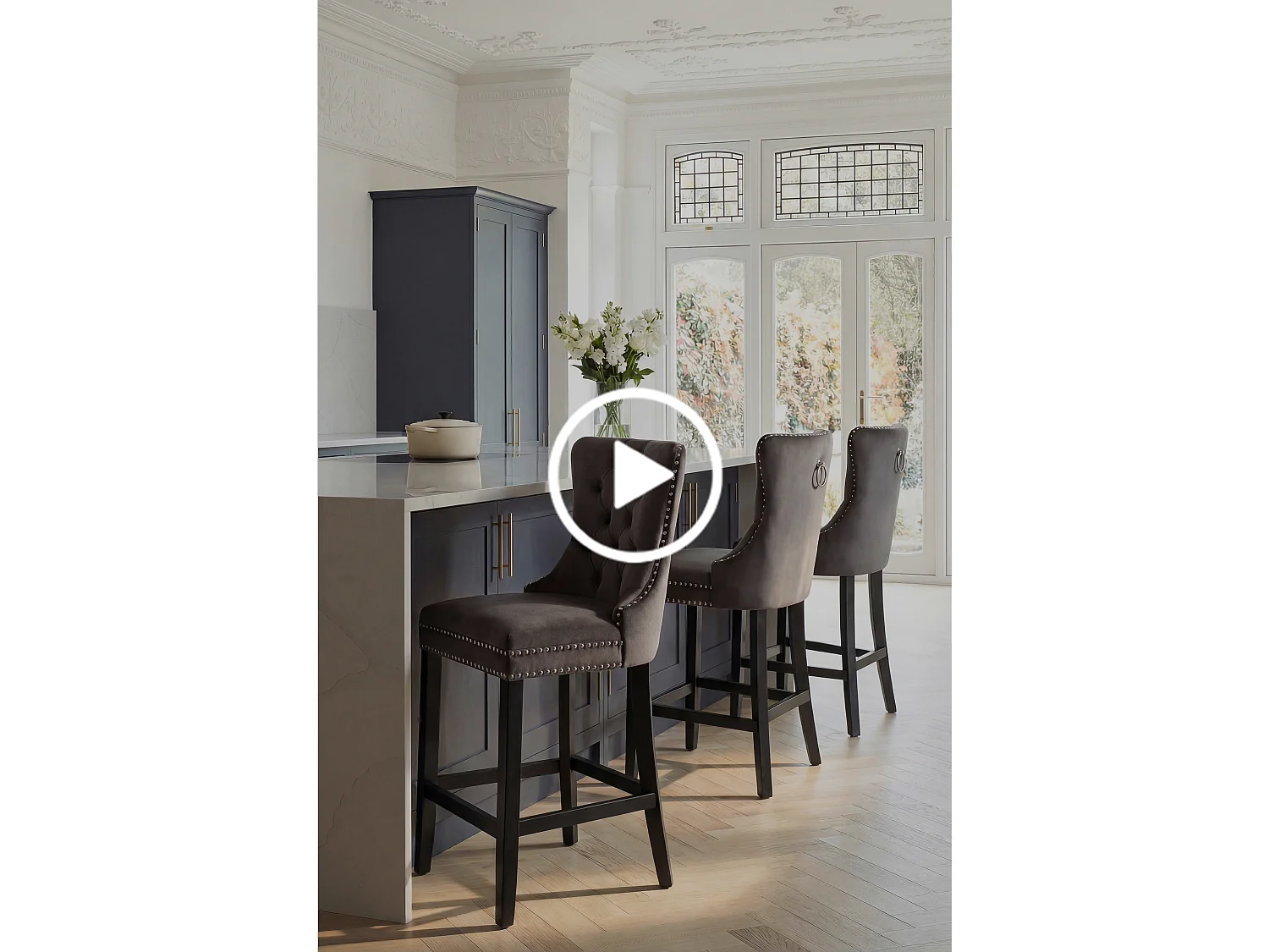 Antoinette Bar Stool Smoke Grey - Deep Buttoned Velvet, Chrome Tacks, Black Stained Ash Legs