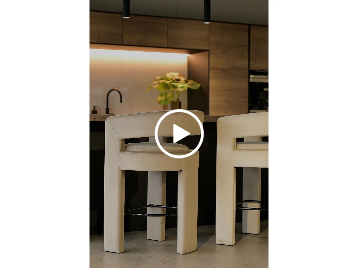 Santini Three-Leg Counter Stool Taupe - Upholstered Velvet, Padded Seat and Arms