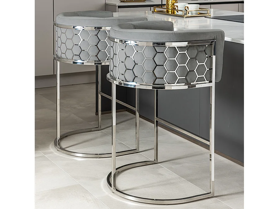 Alveare Counter Stool Silver - Dove Grey Velvet, Chrome Steel Frame