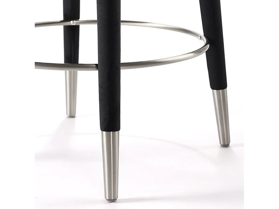 Sophia Counter Stool - Black Velvet Upholstery - Brushed Silver Caps