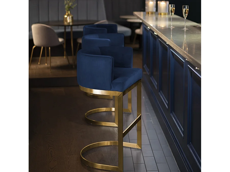Lasco Bar Stool - Navy Blue Velvet, Brushed Brass Base