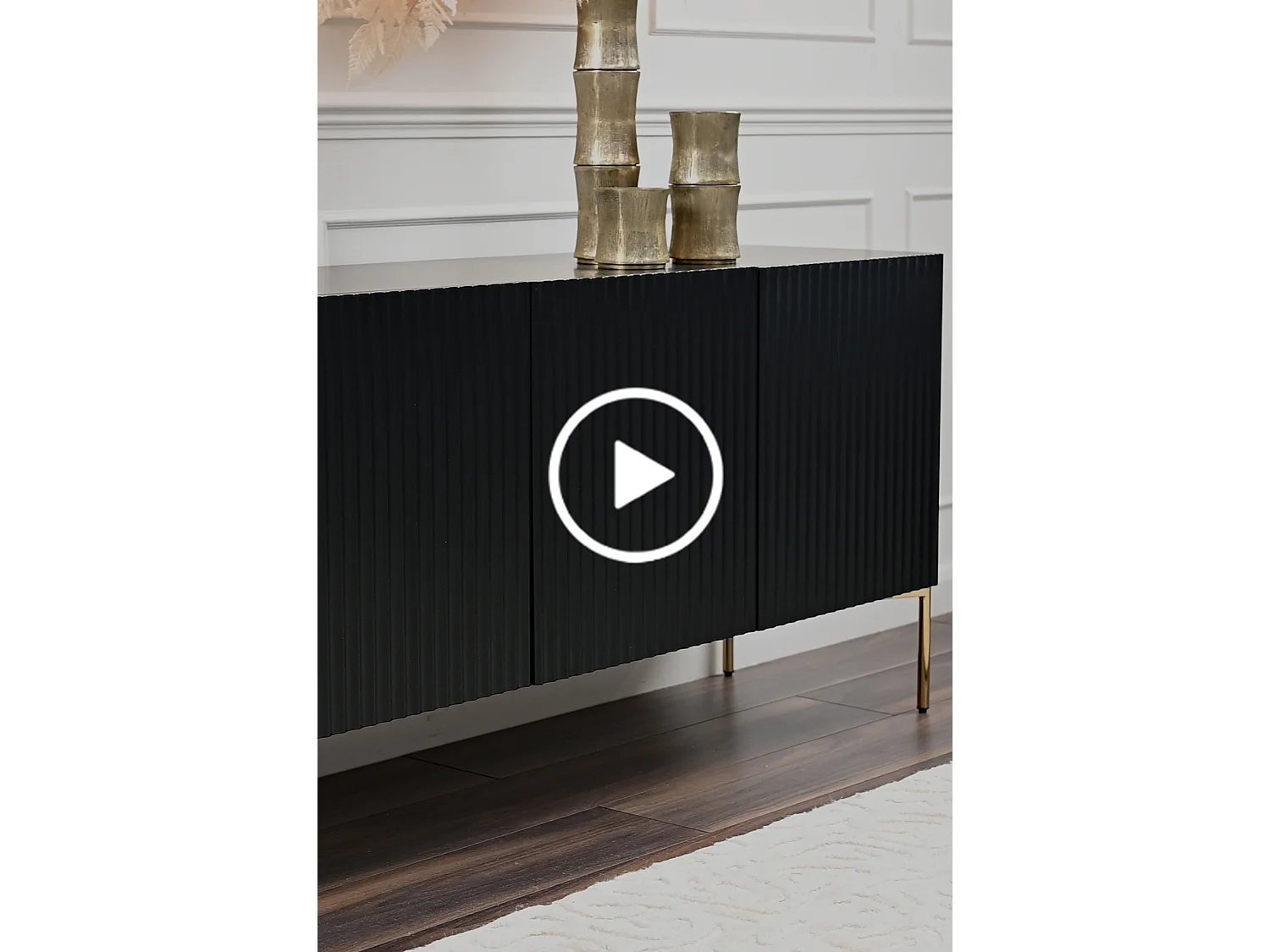 Lexington Black Sideboard, Contemporary Oak Veneer Sideboard with Reeded Doors and Brass-Finish Legs