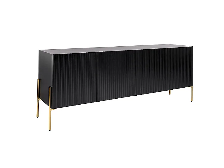 Lexington Black Sideboard, Contemporary Oak Veneer Sideboard with Reeded Doors and Brass-Finish Legs