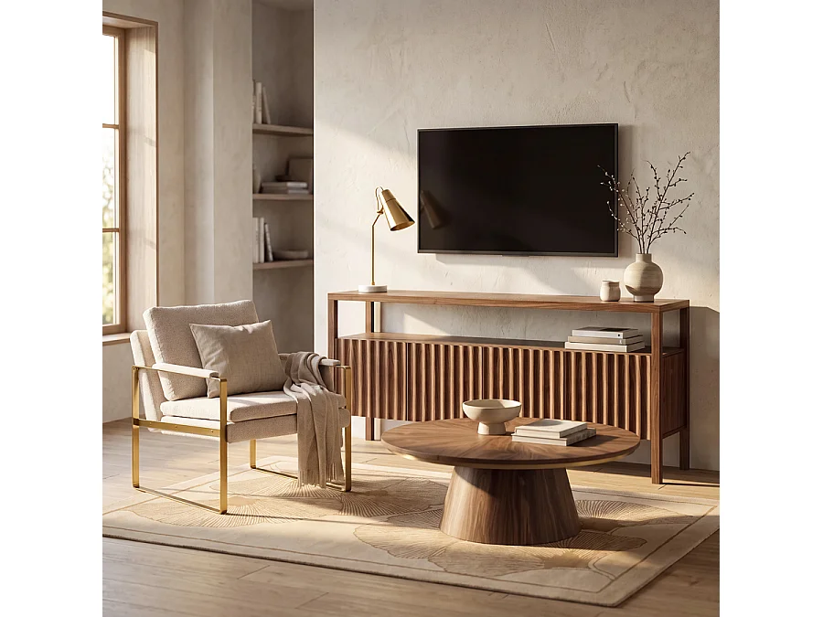 Oriel Walnut Veneer Sideboard in Solid Oak - 4-Door Contemporary TV Unit