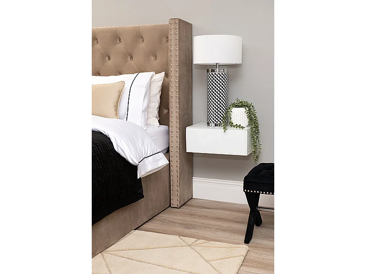 Inga White Glass Floating Bedside Table - Toughened Bevelled Mirror, Drawer, Wall-Mounted