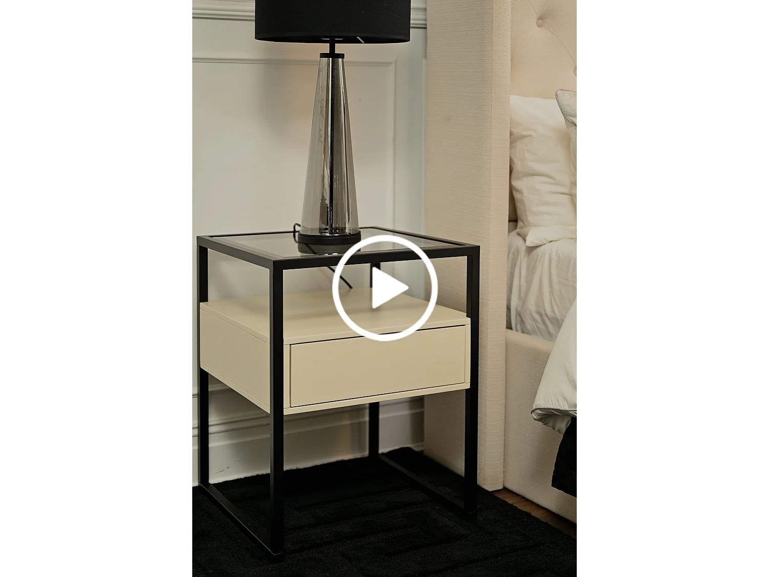 Elvi Bedside Table - Black Steel Frame, Taupe Drawer, Grey Glass Top