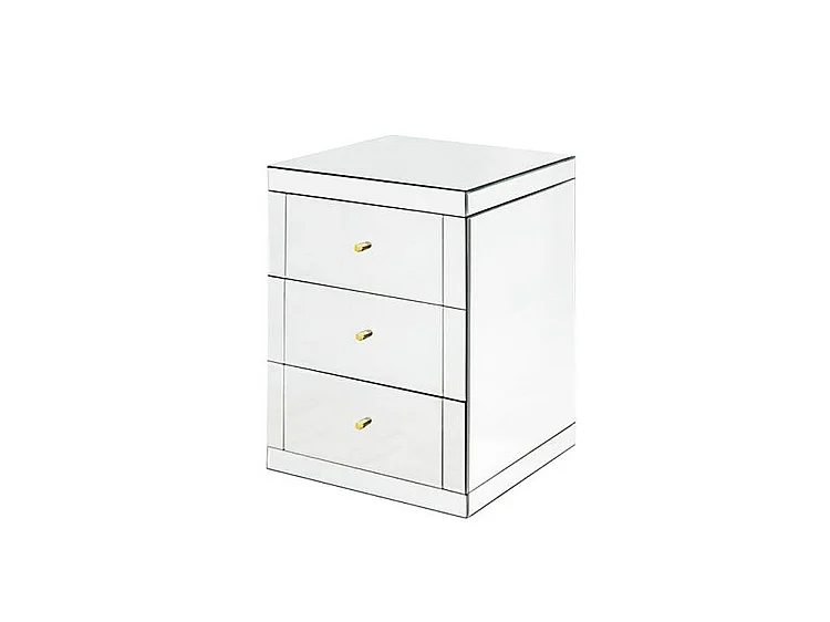 Pair of Lucia Mirrored Bedside Tables - 3 Drawers, Bevelled Mirror, Brass and Silver Handles