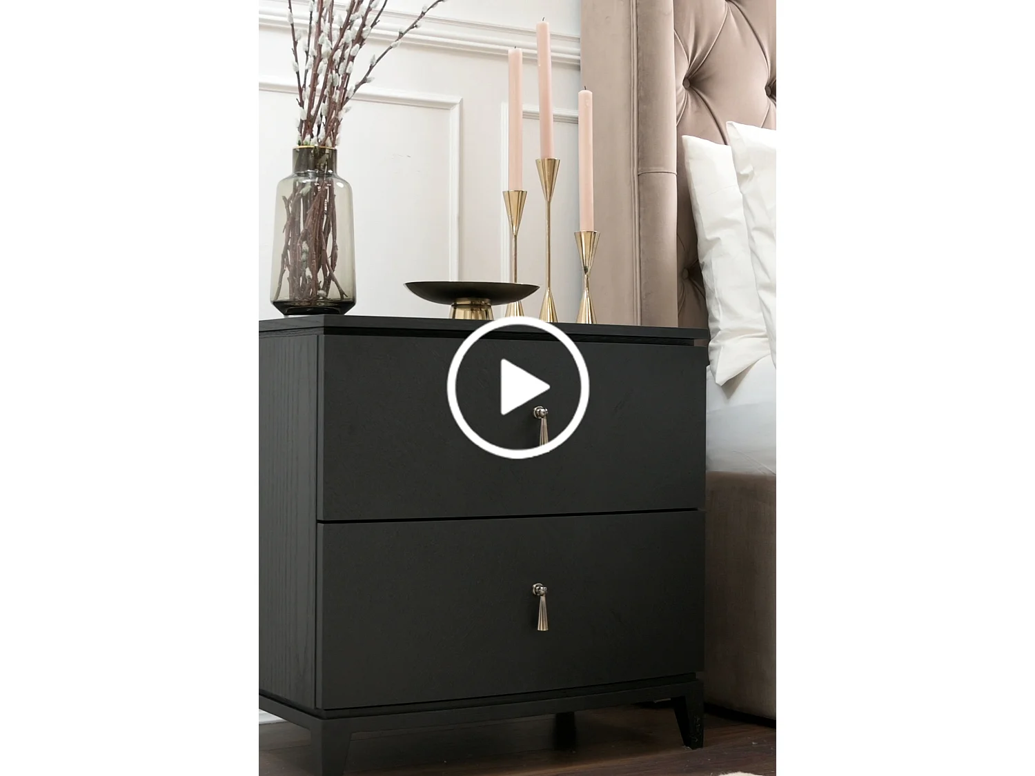 Xander Bedside Table, Charcoal Black Veneer, 2 Drawers, Brushed Bronze Handles