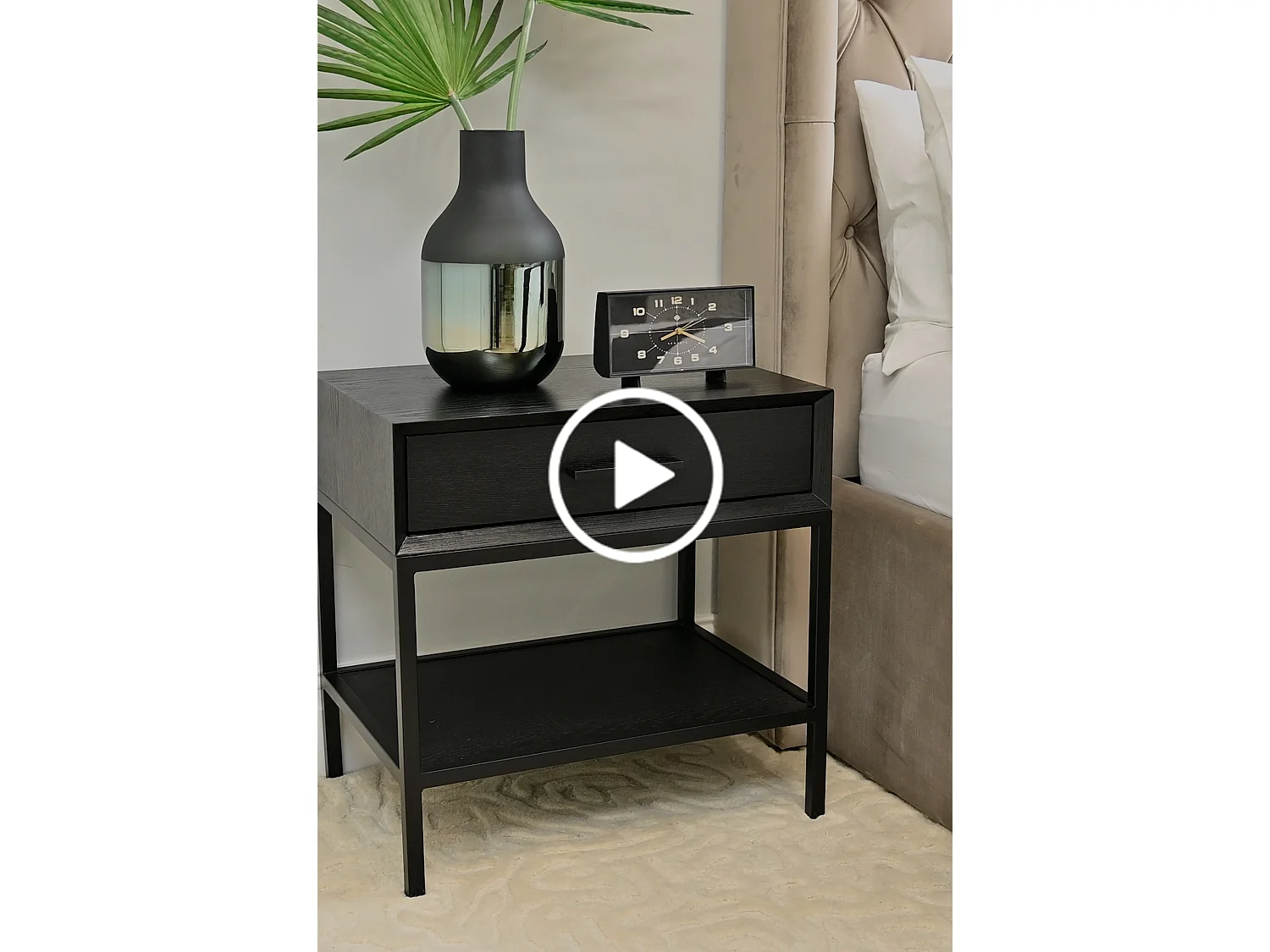 Duo Black Bedside Table - Matt Black Wood, Stainless Steel Frame, Soft-Close Drawer
