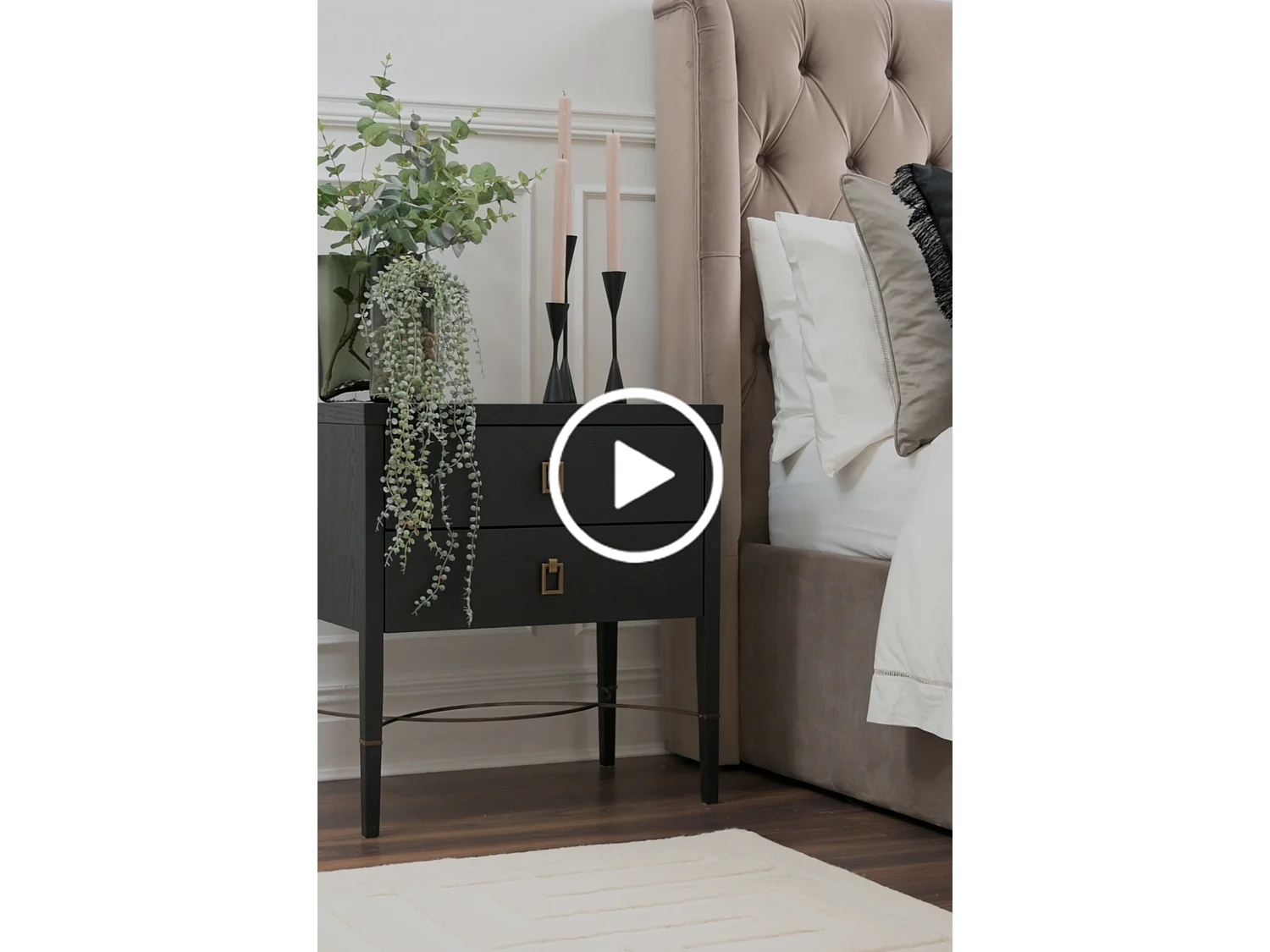 Lydie Bedside Table, Charcoal Black Veneer - Brushed Bronze Stainless Steel Handles