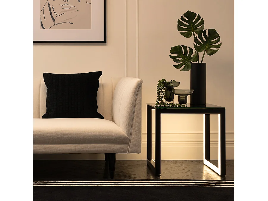 Akira Illuminating Side Table, Toughened Black Glass Top, Integrated LED Lighting, Rechargeable