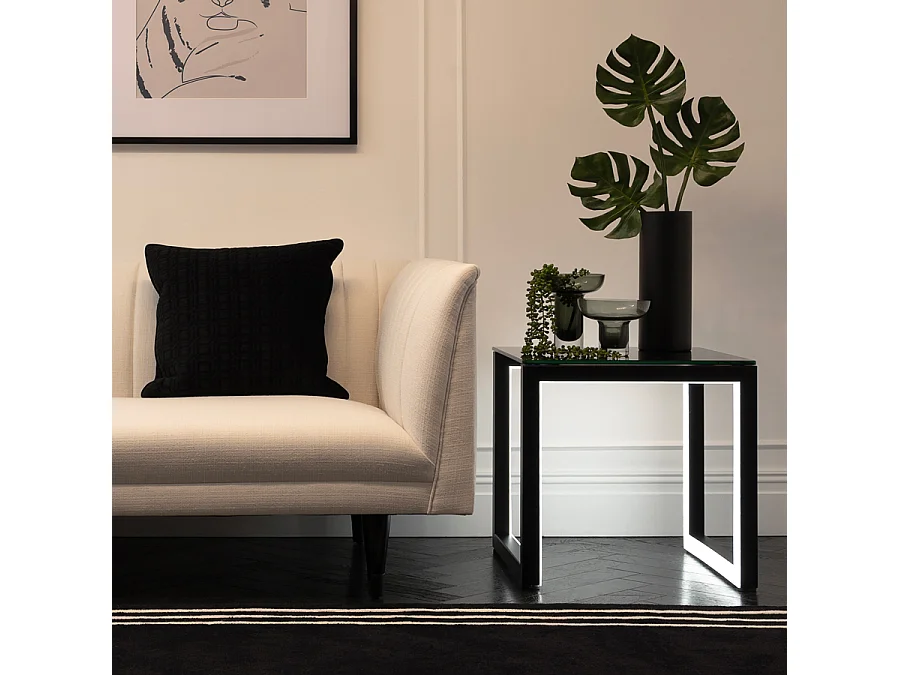 Akira Illuminating Side Table, Toughened Black Glass Top, Integrated LED Lighting, Rechargeable