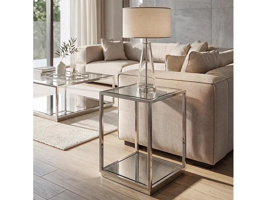 Rippon Silver Square Side Table, Polished Stainless Steel Frame, Bevelled Glass Top