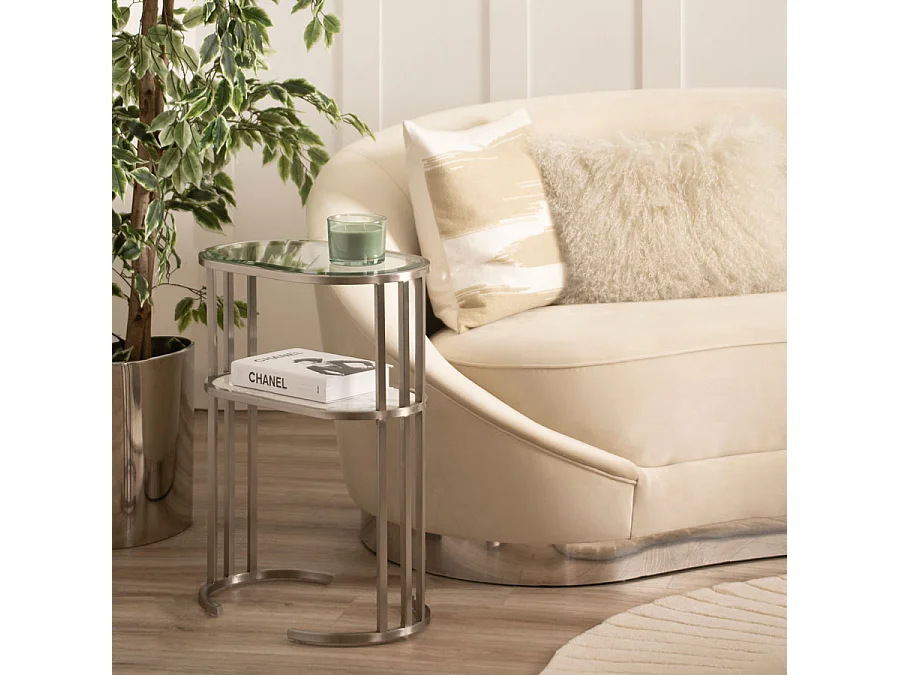 Aria Art Deco Side Table Silver - Brushed Stainless Steel, Glass Top, Marble Shelf