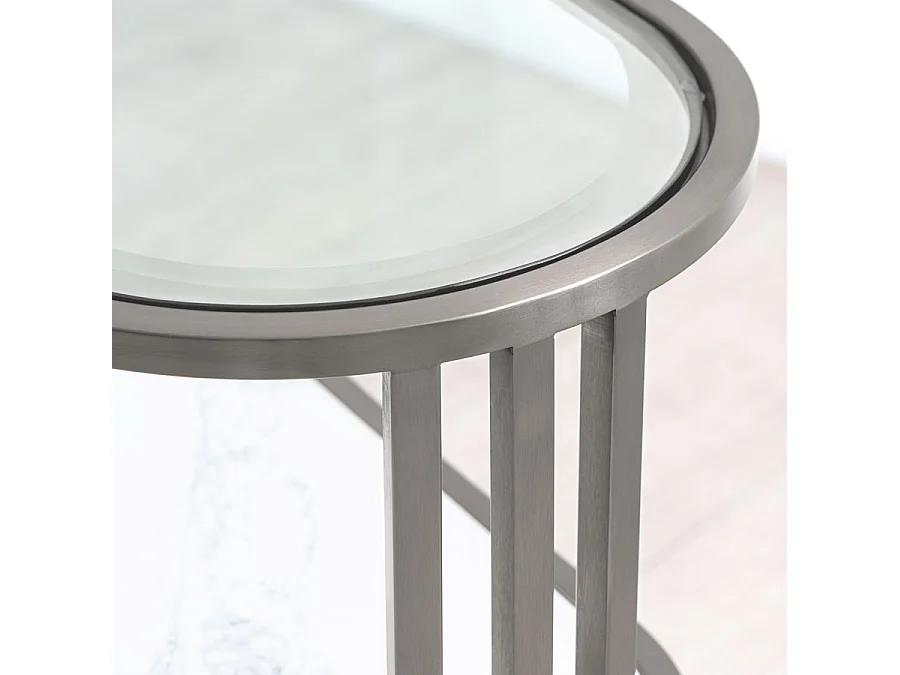 Aria Art Deco Side Table Silver - Brushed Stainless Steel, Glass Top, Marble Shelf