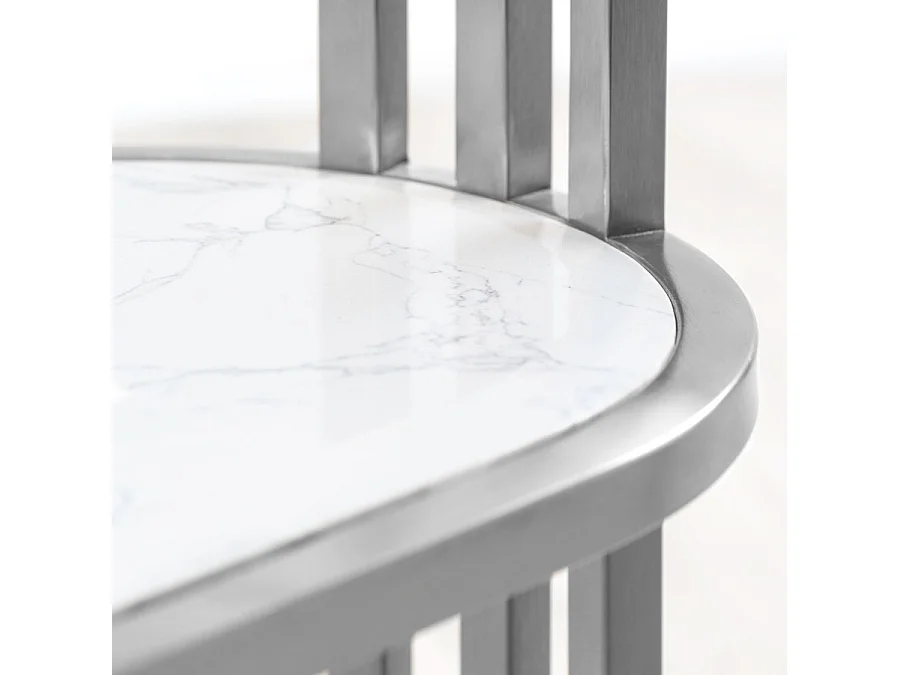 Aria Art Deco Side Table Silver - Brushed Stainless Steel, Glass Top, Marble Shelf