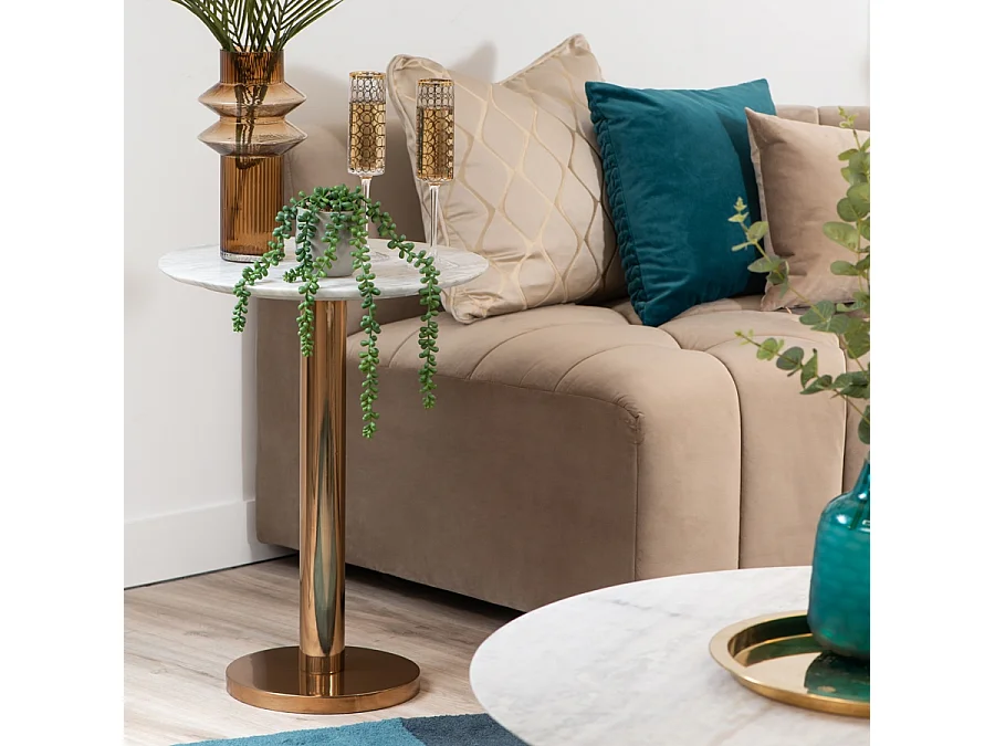 Parker Brass Side Table - Round Marble Top, Brass-Finish Spun Aluminium Base
