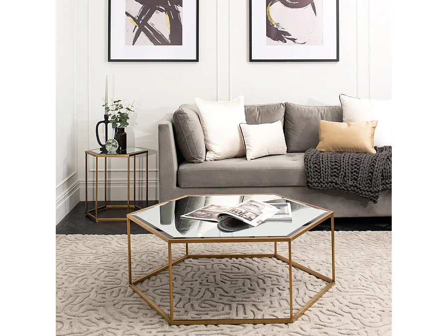 Alveare Brass Hexagonal Side Table, Brushed Stainless Steel Frame, Toughened Bevelled Mirror